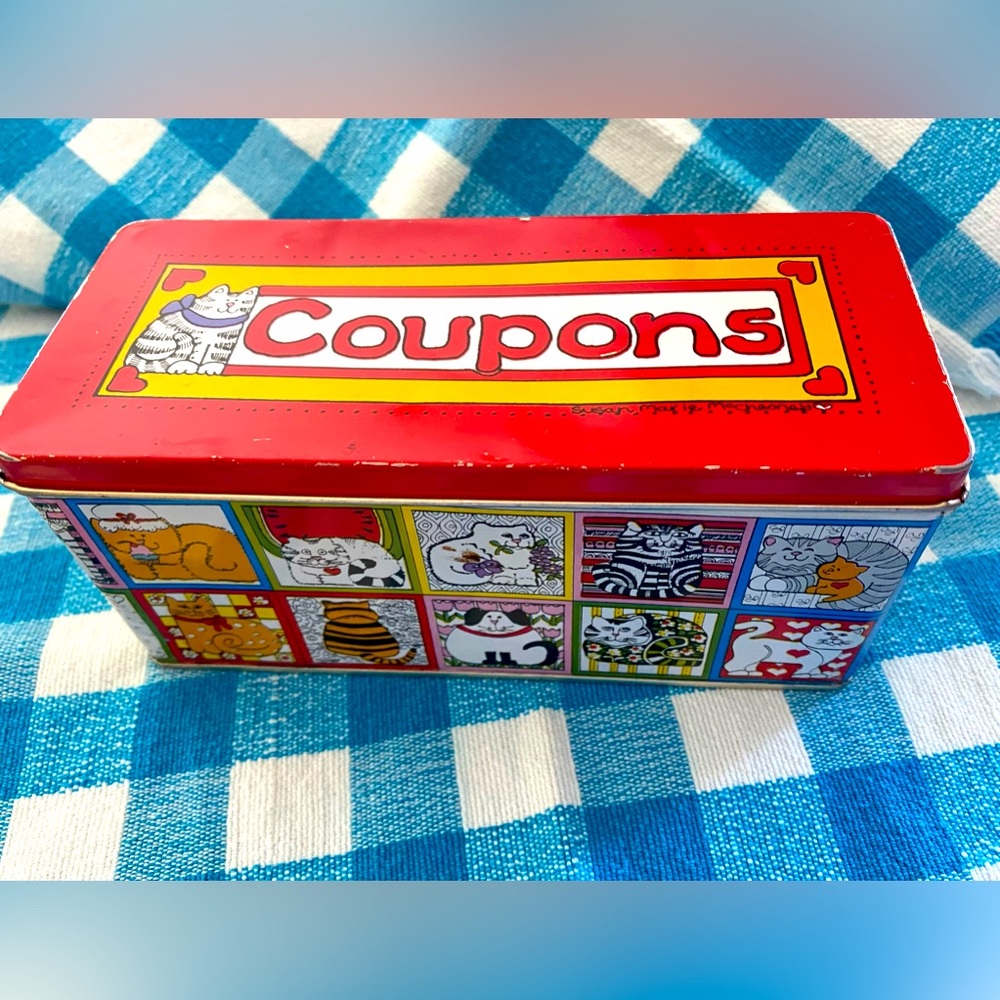 Coupon Caddy Lidded Tin, Vintage Early 1980s, Kitschy Coupon Keeper, Cat Artwork